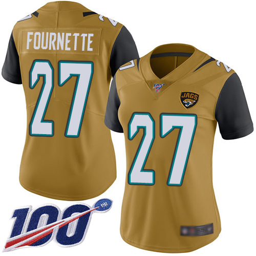Nike Jacksonville Jaguars 27 Leonard Fournette Gold Women Stitched NFL Limited Rush 100th Season Jersey